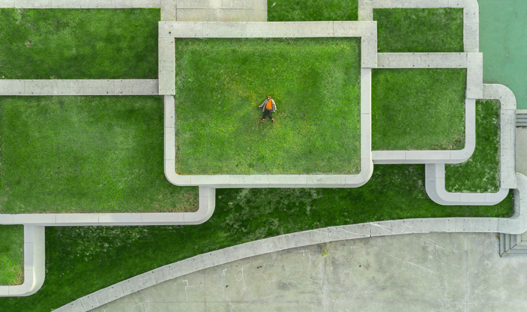 Overhead view of green roofs to depict eight microwork futures