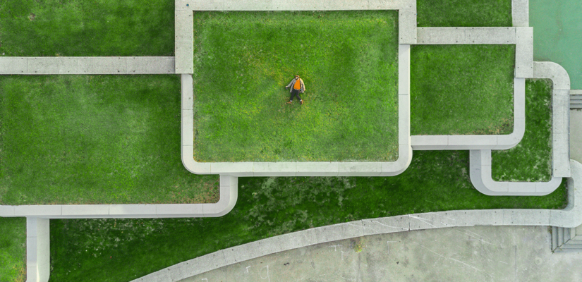 Overhead view of green roofs to depict eight microwork futures